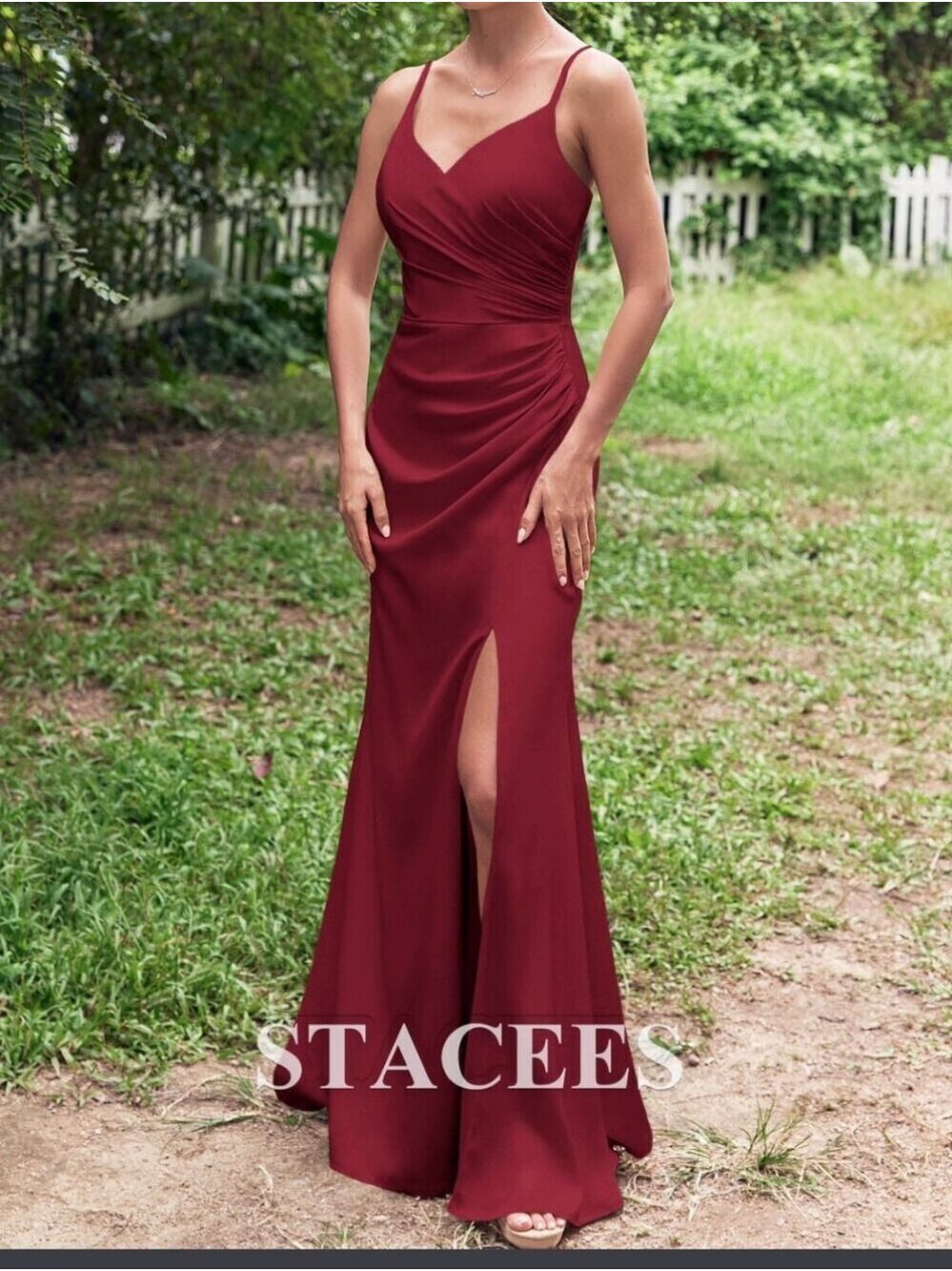 Stacees Sheath/Column V Neck Sleeveless Floor-Length Stretch Satin Bridesmaid 0